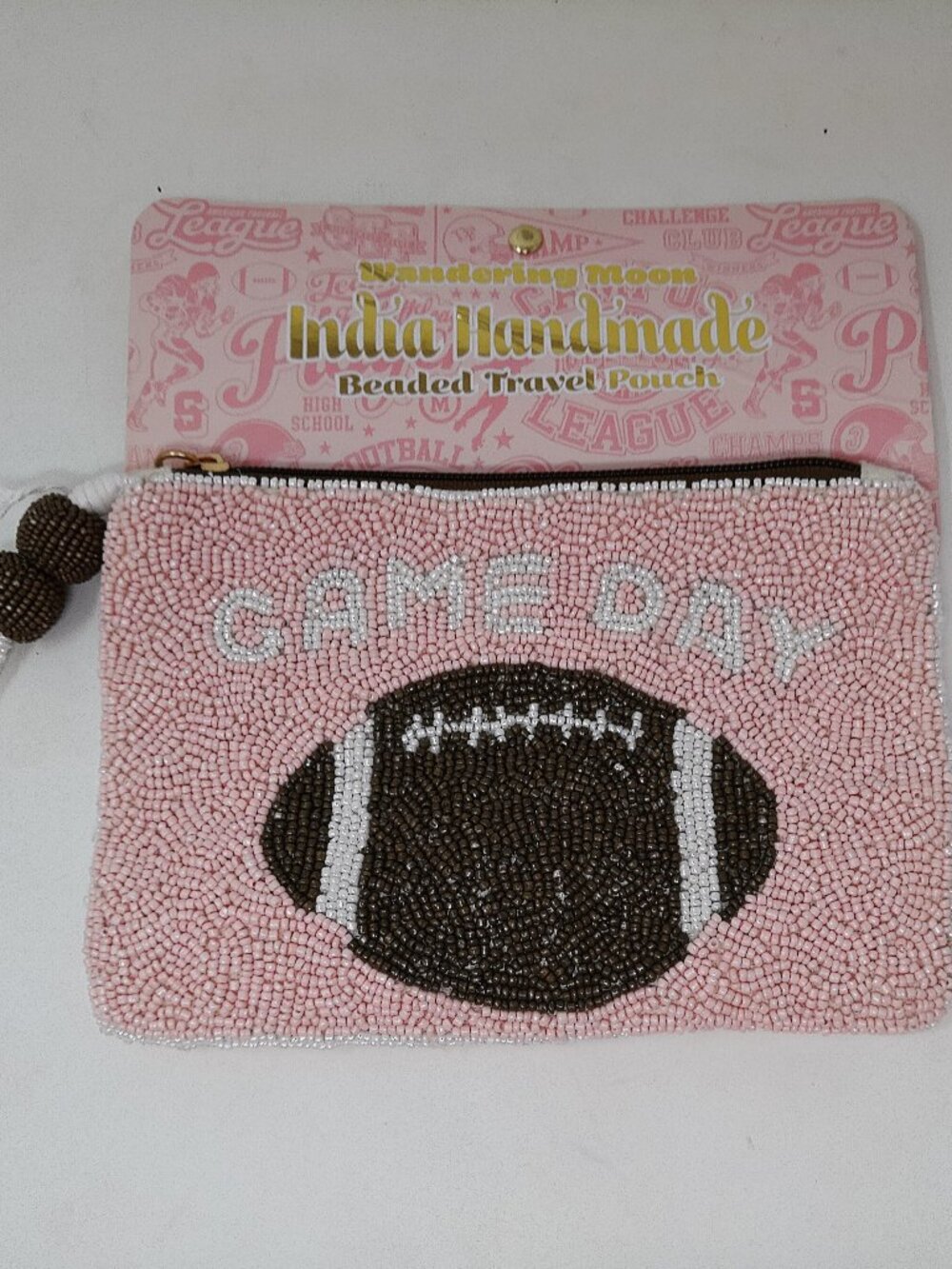 India Handmade Pink Beaded 'Game Day' Travel Pouch